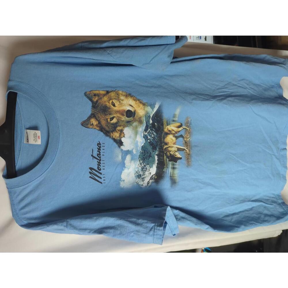 Vintage Anvil Men's 2X Blue Graphic T-Shirt with Wolf and Mountain See Desc